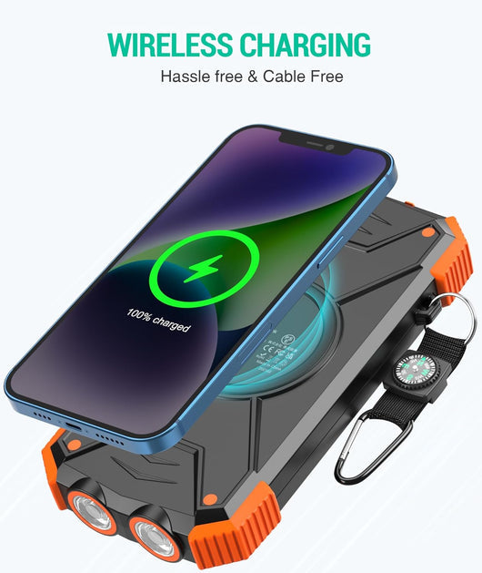 🔋 Power Bank Solaire 30 000 mAh – Recharge Sans Fil 15W, Charge Rapide USB, Double Lampe Torche LED, Étanche IP65, Mousqueton & Boussole, Compatible iPhone, Samsung et Android