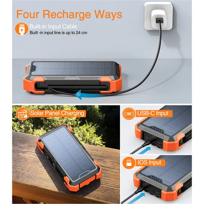 🔋 Power Bank Solaire 30 000 mAh – Recharge Sans Fil 15W, Charge Rapide USB, Double Lampe Torche LED, Étanche IP65, Mousqueton & Boussole, Compatible iPhone, Samsung et Android